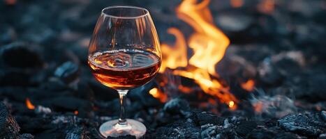 A glass of wine sitting on top of a fire photo