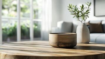 A wooden table with a vase on it photo