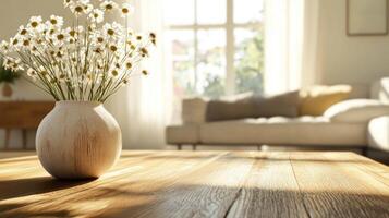 A space for showcasing your product on a wooden table with decor photo