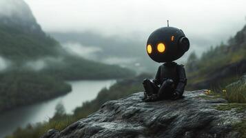 A small robot with glowing eyes sits contemplatively on a rock by a misty river. photo