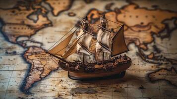 A model ship on an antique map, symbolizing exploration and adventure. photo
