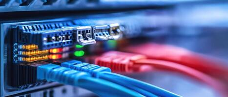 Close-up of network cables connected to a server, highlighting technology infrastructure. photo