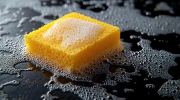 A close-up of a yellow sponge surrounded by soap bubbles on a dark surface. photo