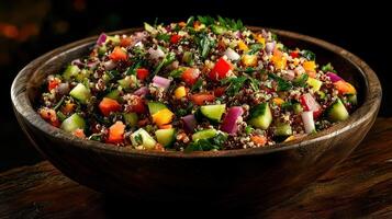 A vibrant quinoa salad filled with fresh vegetables and herbs in a wooden bowl. photo