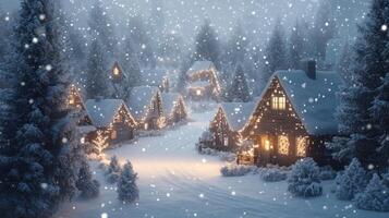 Winter village with snow falling on it photo