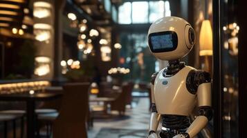 A robot standing in a restaurant with a table in the background photo