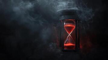 An hourglass emits a red glow amidst a dark, smoky background, symbolizing the passage of time. photo
