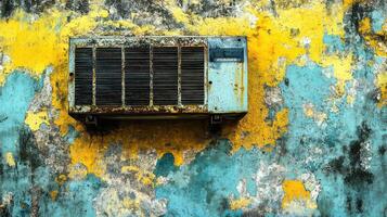 An old air conditioner on a yellow and blue wall photo