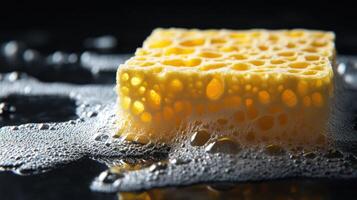 A sponge is sitting on top of a black surface photo