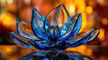 A decorative blue glass lotus flower sculpture with a blurred colorful background. photo