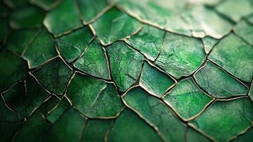 Close-up of textured green surface resembling cracked leaves or reptilian skin. photo