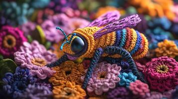 A colorful crochet bee on a flower field photo