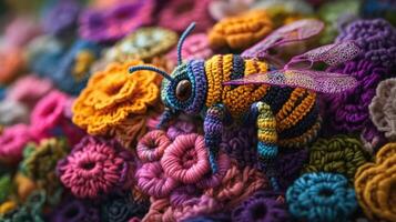 A vibrant crochet bee resting on colorful flower motifs, showcasing textile art. photo