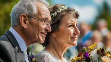 An older man and woman are smiling at each other photo