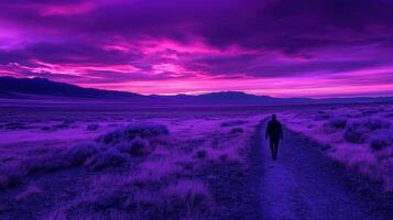 A person walking on a dirt road in the desert photo