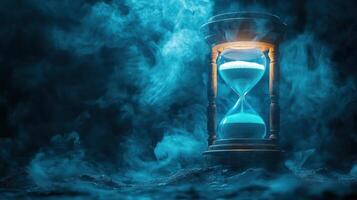An hourglass glows amid swirling blue mist, symbolizing the passage of time. photo