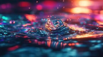 Vibrant water splash with colorful reflections creating a dynamic visual effect. photo