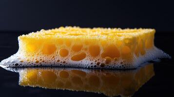 A yellow sponge with bubbles on a reflective surface against a dark background. photo