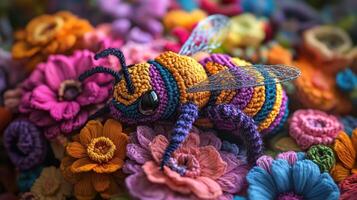 A colorful crochet bee on top of a bunch of flowers photo