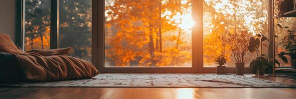 Sunset in the living room with a large window, panorama photo