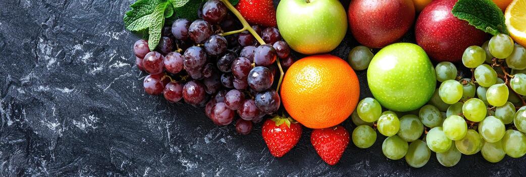 Fresh fruits and berries on dark background, top view, panorama photo