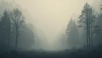 A misty forest silhouette with soft neutral hues, trees fading into the fog photo