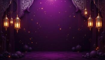 A luxurious deep purple Ramadan background with glowing silver Arabic patterns and floating lanterns photo