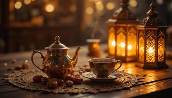 A warm, cozy Ramadan setting with a tea set, dates, and glowing lanterns on a wooden table photo