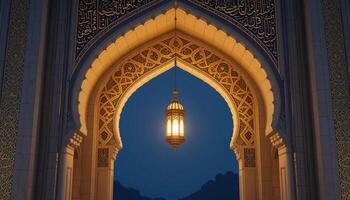 An elegant Islamic archway with intricate golden patterns framing a soft glowing lantern photo