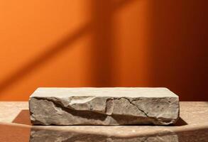 Rustic Stone Platform on Orange Background, Lighting with Soft Shadows, Luxury Product Mockup photo