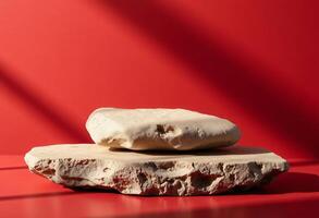 Rustic Stone Podium on Red Background, Lighting with Soft Shadows, Luxury Product Mockup photo