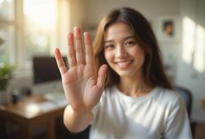 Smiling Brunette Woman in White T-Shirt with Making a Hand Signal, Hello, Stop, or High-Five Gesture, Blurred Working Table Background photo