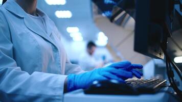 Research scientists work in a laboratory with modern equipment. Analyzes samples and genetic material with special machines in hospital video