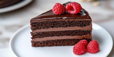Decadent dark chocolate cake slice with fresh raspberries for dessert indulgence photo