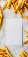 Blank card design with french fries on marble for food themed invitations photo