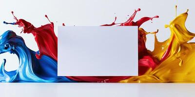 Vibrant paint splatters surrounding blank canvas for creative design concepts photo
