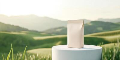 Hyper realistic protein powder bag in natural scenic setting photo