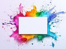 Vibrant and colorful greeting card mockup with rainbow paint splash design for creative projects photo