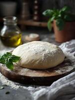 Rustic bread dough with basil and olive oil for culinary inspiration photo