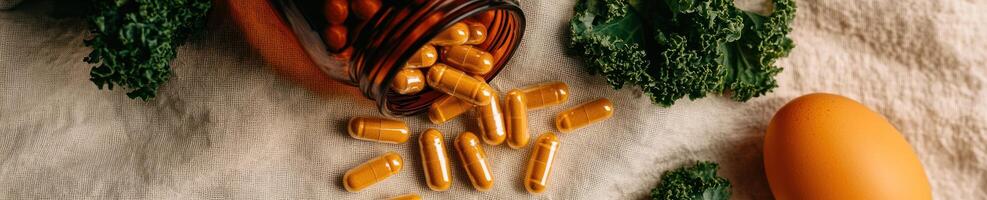 Minimalist flat lay of lutein supplement with kale and egg for healthy living concept photo