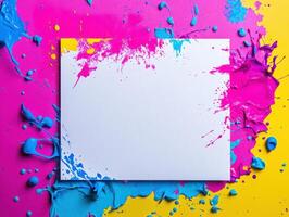 Vibrant flat lay of blank canvas with colorful paint splash for creative design projects photo