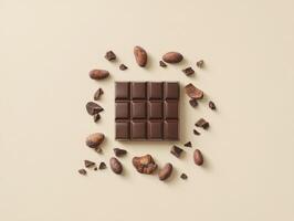 Creative mockup of a blank chocolate bar with cocoa beans and chocolate pieces photo