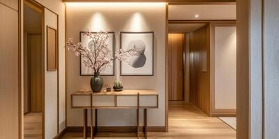 Elegant hallway decor with framed sakura art and minimalist design ambiance photo