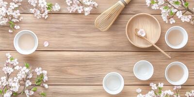 Overhead view of Japanese tea ceremony with cherry blossoms and utensils on wooden background photo
