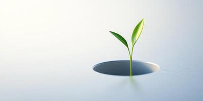 Futuristic growth concept with a single green sprout emerging from a hole photo