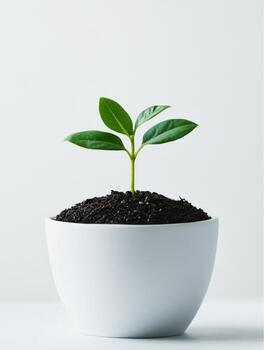 Tiny sprout emerging from soil in minimalist white ceramic pot for growth and nature concepts photo
