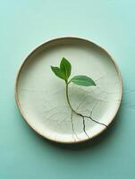Resilience concept. Green sprout emerging from cracked plate on pastel background photo