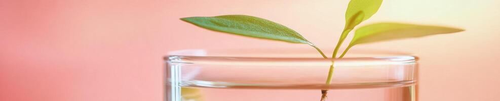 Fresh green plant cutting in glass jar with water on pastel background photo