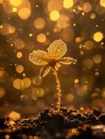 Golden macro shot of sprout with dew in bokeh light for nature design photo