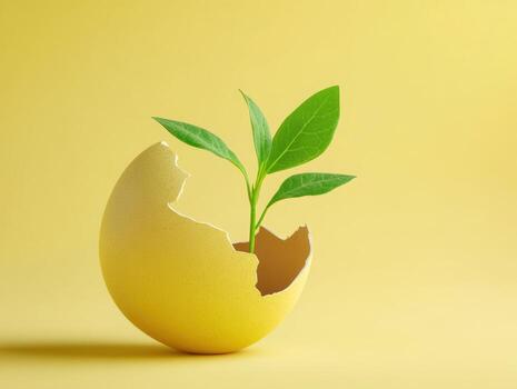 New beginnings. Vibrant green sprout emerging from crack in eggshell photo